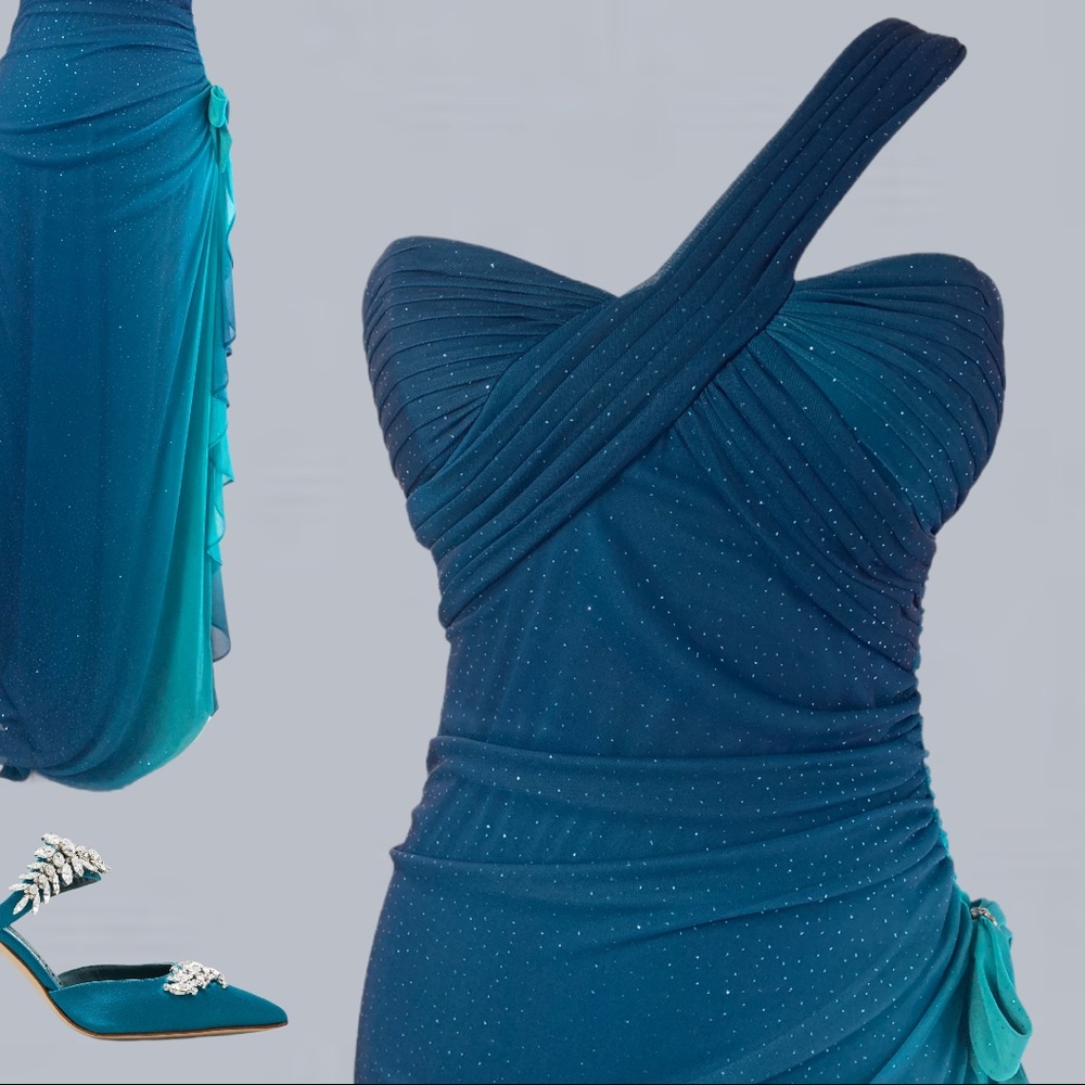 Shimmery Teal Ruched Gown - Picture 1 of 6